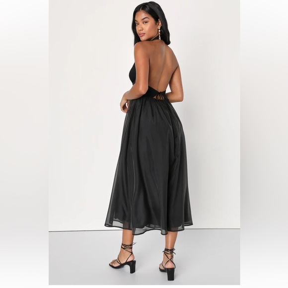 Delightful Drama Black Textured Halter Backless Midi Dress - Picture 2 of 3
